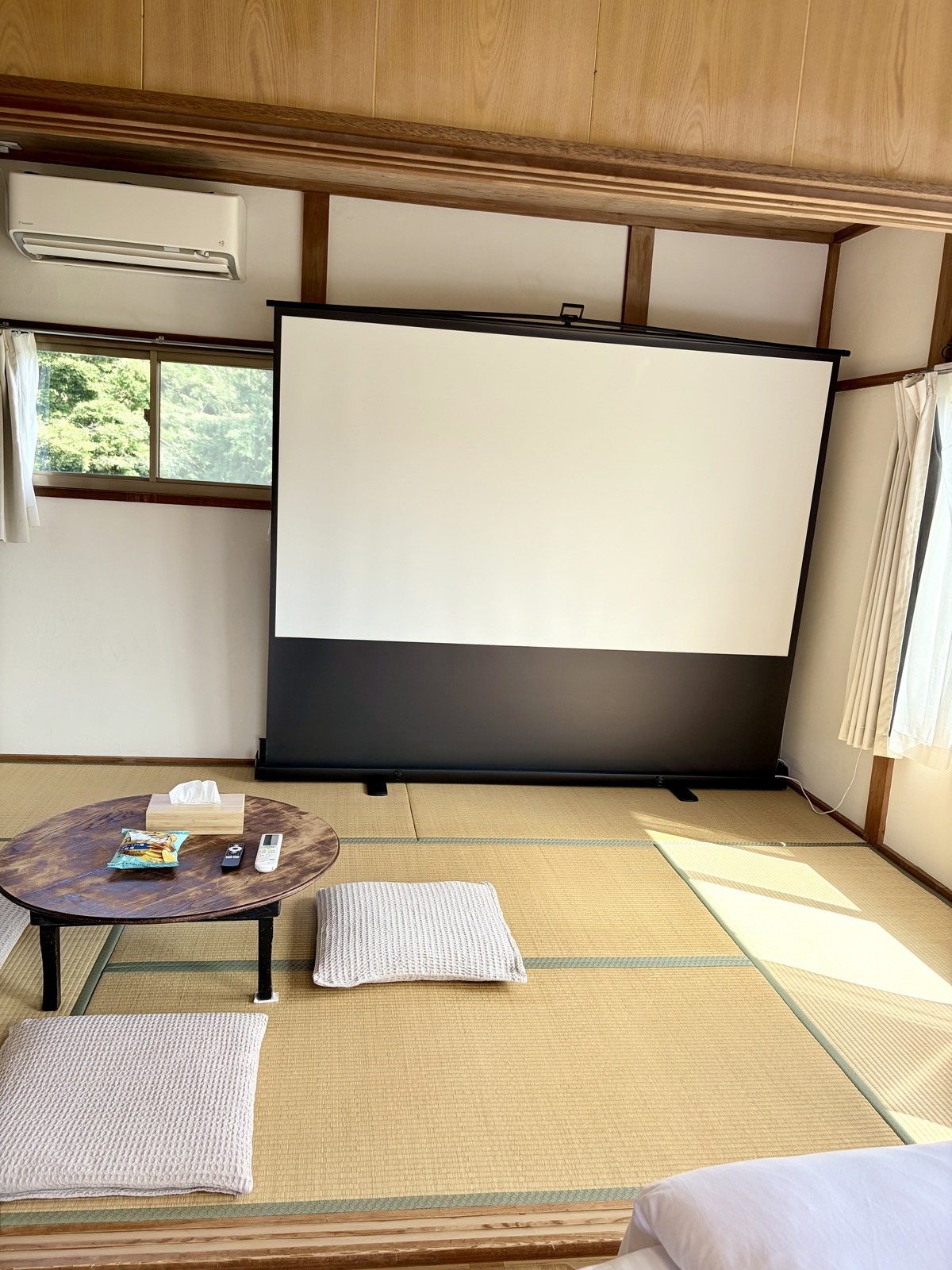 和室に設置された大きなスクリーン